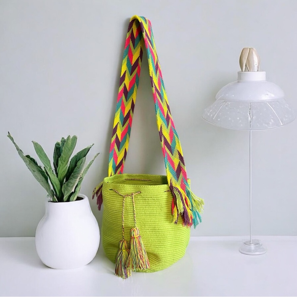Colombian Wayuu Vibrant Multicolor Bright Green Woven Mochila Crochet Bucket Bag